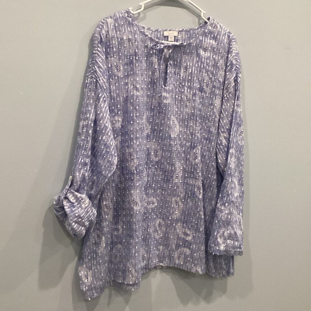 J.jill Womens Roll Tab Sleeve Purejill‎ Top XL Blue White Euro Transitional Fall